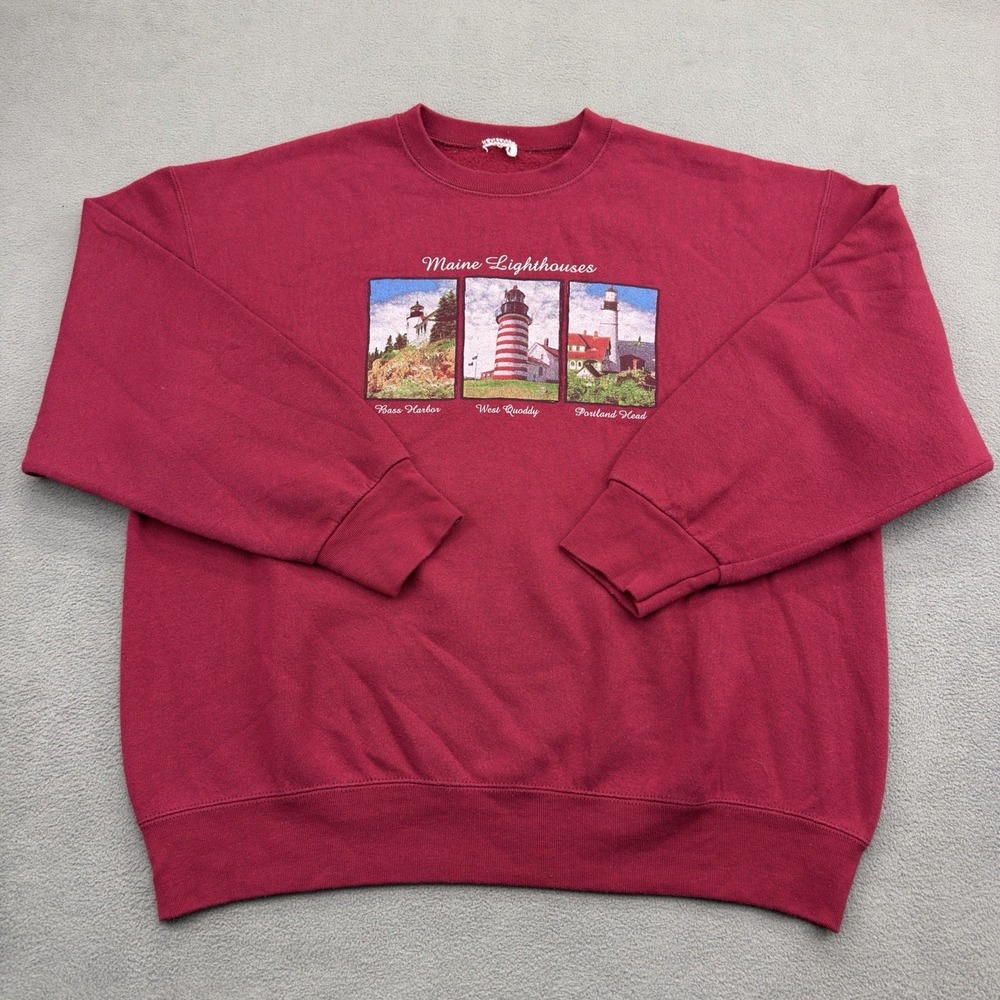 Vintage Maine Lighthouses Crewneck Sweater XL Red Nautical Quoddy Bass Portland